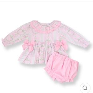 Pink Floral Baby Outfit with Bows Annie heart smocked bow diaper set bloomer set